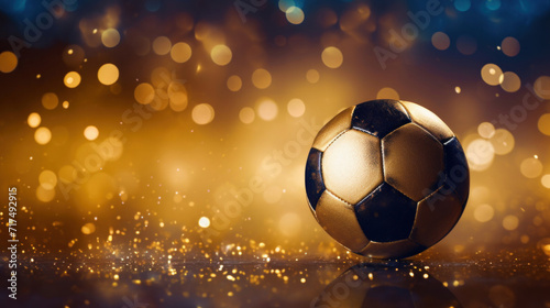 A shiny soccer ball against a golden  sparkling bokeh backdrop  highlighting the glamour of the sport.