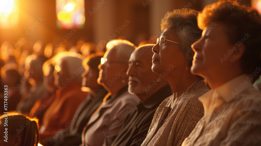 Middle aged and older church community members during a Sunday sermon and worship service. - obrazy, fototapety, plakaty 