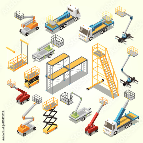lifting machinery height work isometric set scissors lifts engine powered booms high rise staircases