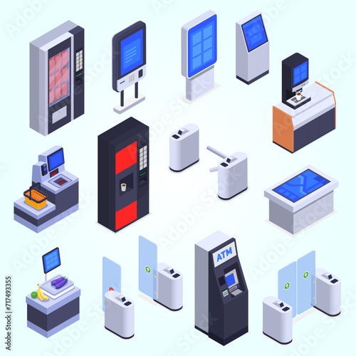 interfaces isometric icons set with 3d atm information kiosk self checkout drinks machine turnstile