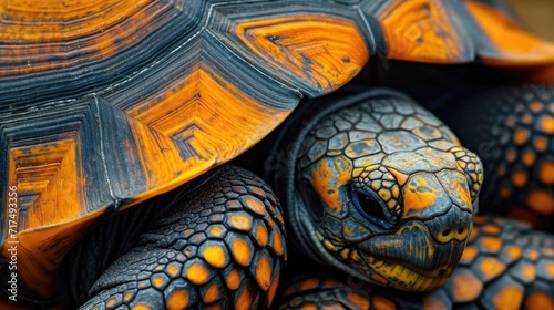 Closeup of a tortoises shell with its intricate patterns and colors as it closes tightly around the body for protection.