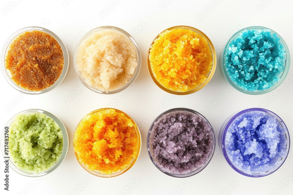 Various body scrubs arranged on white background with smudges