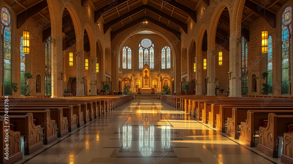 Interior of a cathedral worship sanctuary. 