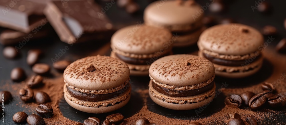 Closeup shot of French macarons with cocoa powder, coffee beans, and chocolate pieces. Closeup shot of French macarons with cocoa powder, coffee beans, and chocolate pieces.