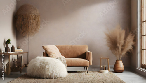 3d rendering of a minimal relaxed space with earthy tones and a beige sheepskin. Generative AI. photo