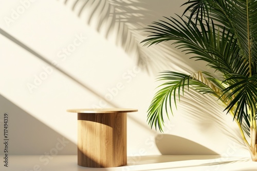 Ultra realistic photo of Geometric shape wood pedestal table podium with tropical palm tree with sunlight and leave shadow on white background for luxury and sustainable lifestyle product display. 