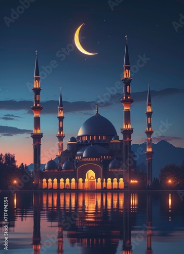 Ramadan poster background with photo of beautiful mosque and moon, ramadan dark them background © Divine123victory