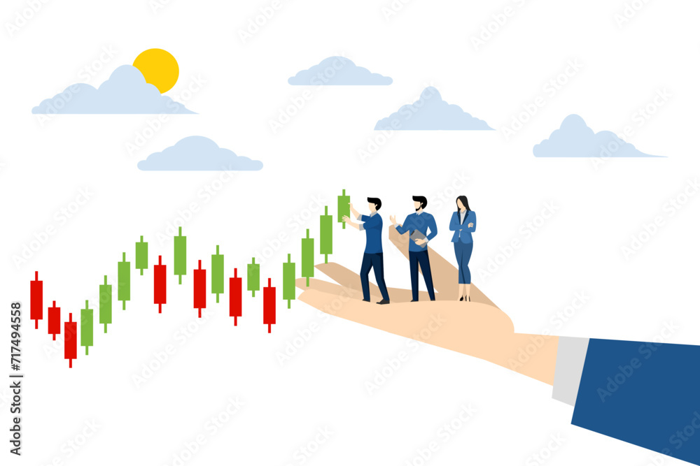concept of buying shares. analyzing stock trading. People place stock trading charts on long hands with the help of hands. Flat vector illustration on white background. concept of buying shares. analyzing stock trading. People place stock trading charts on long hands with the help of hands. Flat vector illustration on white background.