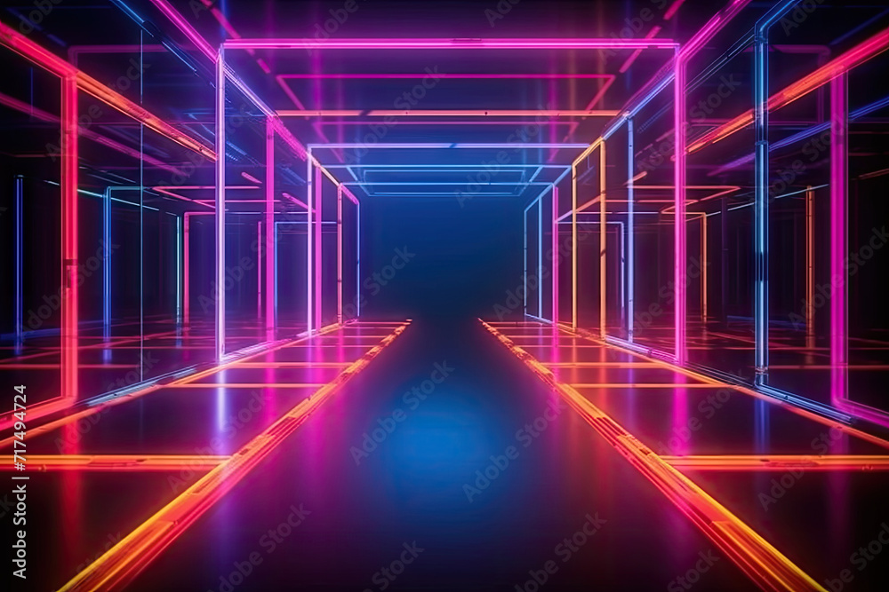 a neon corridor with a dark floor and bright neon lights,Abstract neon light geometric background. Glowing neon lines. Empty futuristic stage laser. Colorful rectangular laser lines. a neon corridor with a dark floor and bright neon lights,Abstract neon light geometric background. Glowing neon lines. Empty futuristic stage laser. Colorful rectangular laser lines.