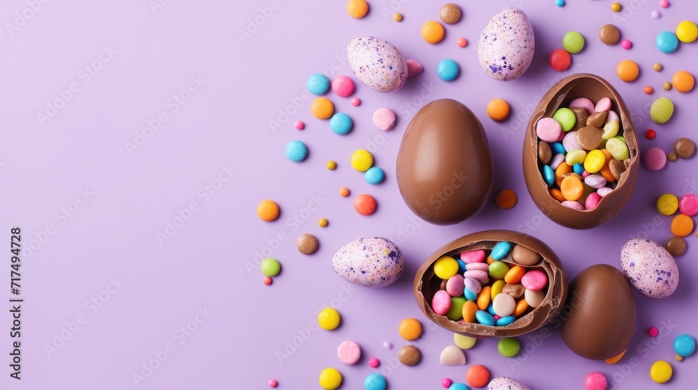 Easter chocolate eggs with colorful candy on a lavender background, festive seasonal display. Space for text