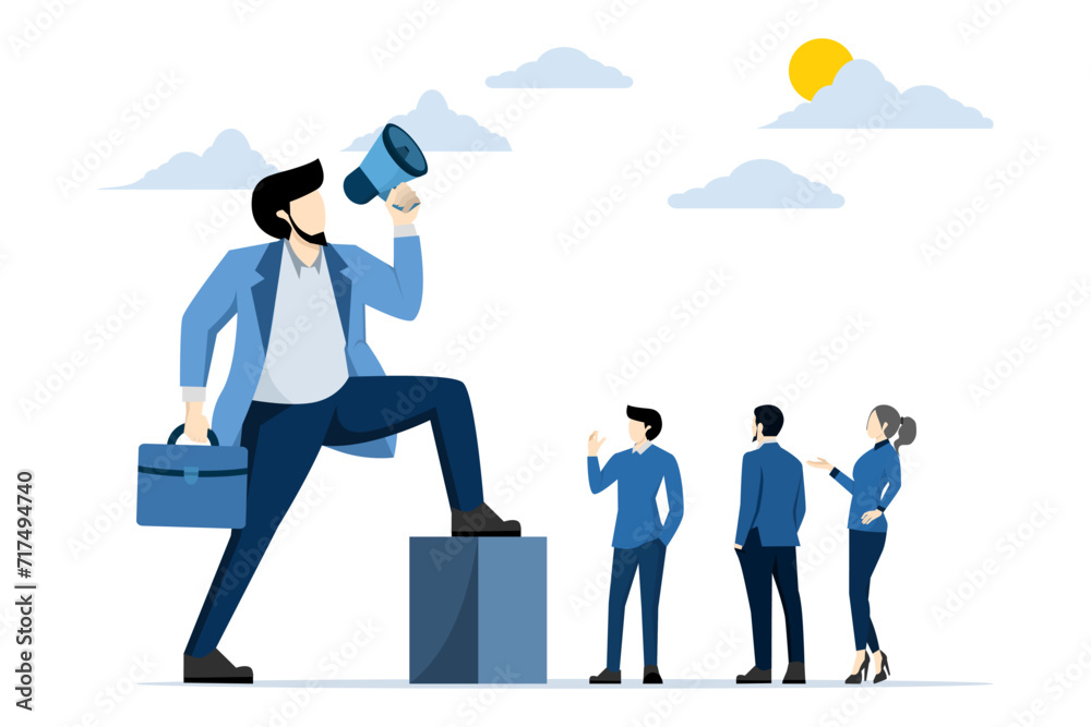 Fototapeta premium Giant businessman manager uses megaphone to order employees, dominant leader, bossy manager uses authority power to command and control employees to work, contrast and conflict management concept.