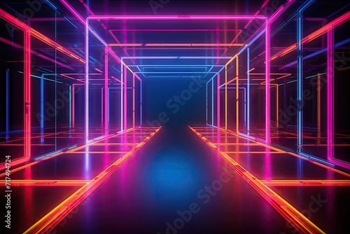 a neon corridor with a dark floor and bright neon lights,Abstract neon light geometric background. Glowing neon lines. Empty futuristic stage laser. Colorful rectangular laser lines.