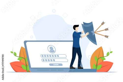 Cyber attack protection, strong businessman holding a shield to protect from a big arrow attacking his computer, protecting from internet hackers, computer security system or privacy firewall concept.