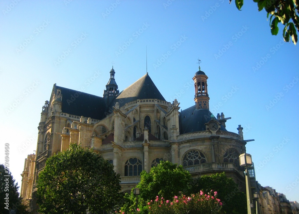 Saint-Eustache Church, gothic church under the blue sky in summer in Paris, France