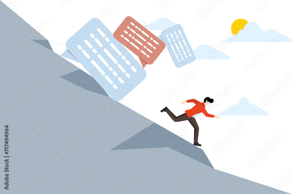 Overcommunication concept, frustrated businessman running away from pile of collapsing online speech bubbles, too many messages or spam, inefficient discussion or meeting concept. vector illustration.