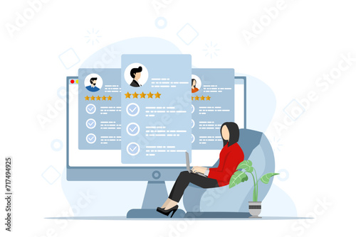Job recruitment process concept. HR managers search for new employees, read CVs, and provide job candidate reviews. Characters apply for job positions. Flat vector illustration on white background.