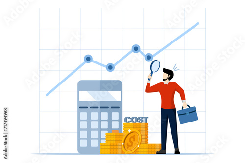 Careful businessman using magnifying glass to analyze cost graph with calculator. Cost management or expense analysis, business strategy to analyze and reduce costs for more profit concept.