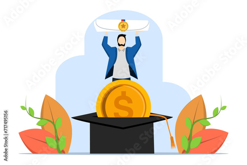 young man with coins into mortarboard savings box holding degree scroll, education funds for college, study fees or training fees concept, savings for school or university fees. vector illustration.