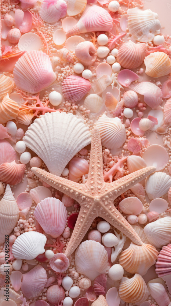 A collection of diverse seashells and a starfish arranged on a pink background, ideal for summer and marine themes. A collection of diverse seashells and a starfish arranged on a pink background, ideal for summer and marine themes.