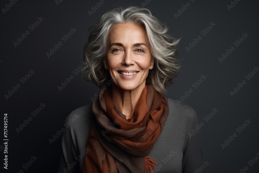 Portrait of smiling senior woman in scarf, isolated on grey background