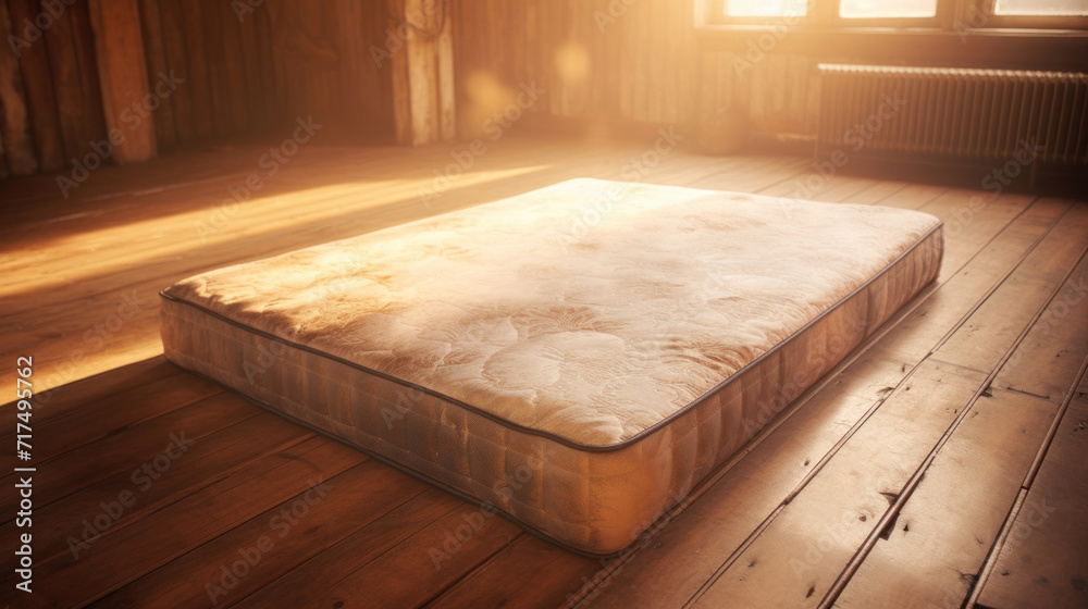 Warm sunlight bathing a single mattress placed in a rustic wooden interior, suggesting comfort and simplicity.