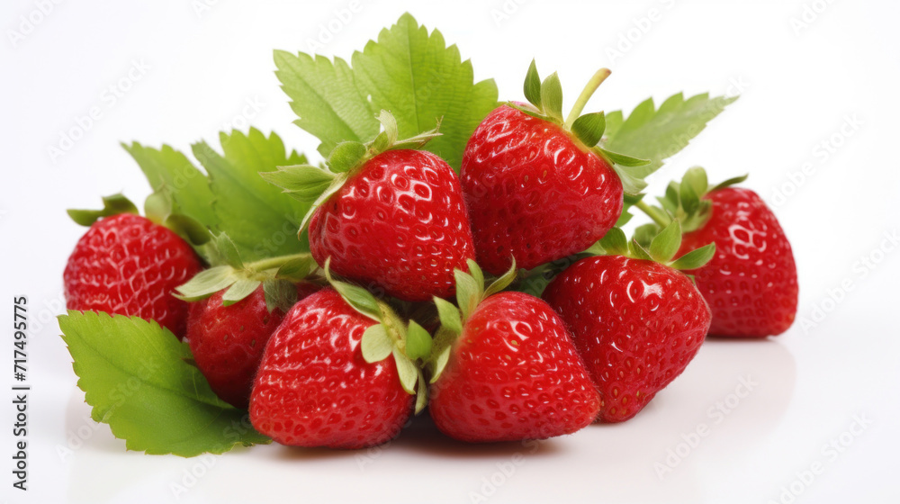 Close-up of juicy ripe strawberries with fresh green leaves isolated on a white background. Close-up of juicy ripe strawberries with fresh green leaves isolated on a white background.