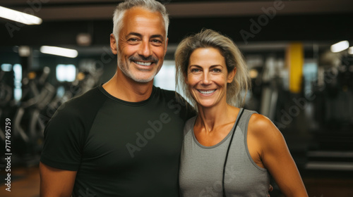 Active and healthy senior couple smiling together in a gym setting  showcasing their fitness.
