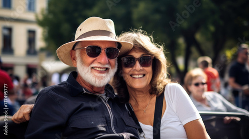 Senior couple wearing sunglasses and hats smiling happily while sitting in an outdoor setting.