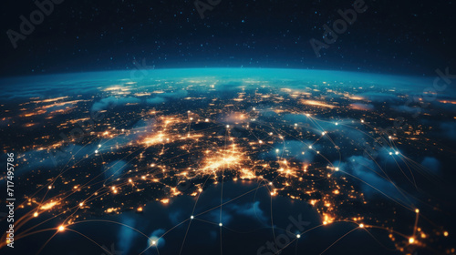 Digital illustration of a global network connectivity with glowing nodes and earth atmosphere.