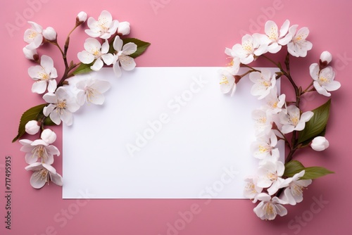 Photo of blank white paper with flower on pink background  copy space  high quality  high resolution  8k with generative ai