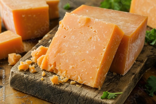 British cow milk hard cheese known as Leicestershire cheese or red leicester shown in close up