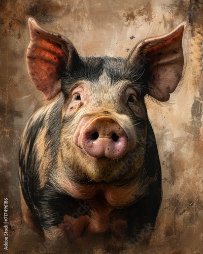 Portrait of a funny pig on a grunge background. Vintage style.