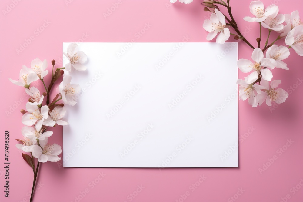 Photo of blank white paper with flower on pink background, copy space, high quality, high resolution, 8k with generative ai