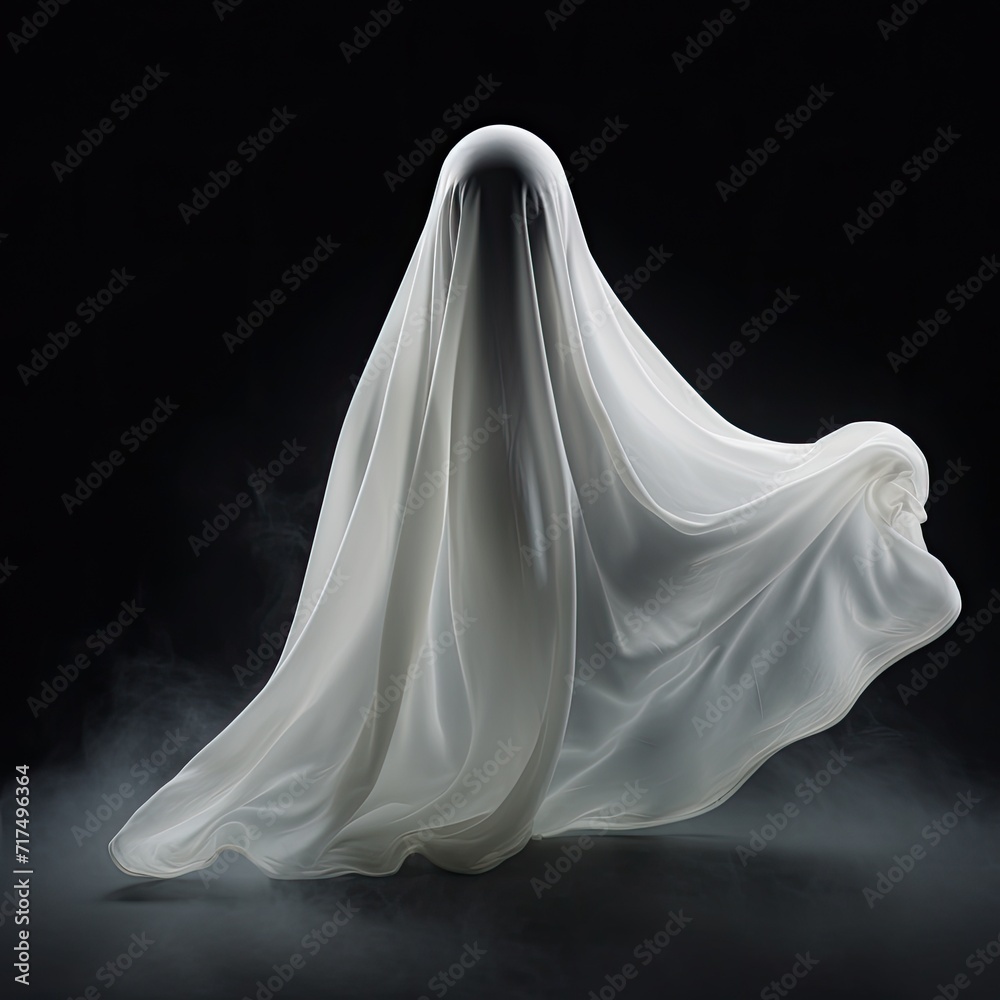 White ghost on black background, copy space, illustration White ghost on black background, copy space, illustration