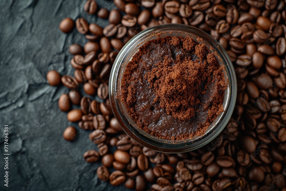 Exfoliating coffee scrub for body care with gel texture Copy space top view Beauty spa concept Exfoliating coffee scrub for body care with gel texture Copy space top view Beauty spa concept