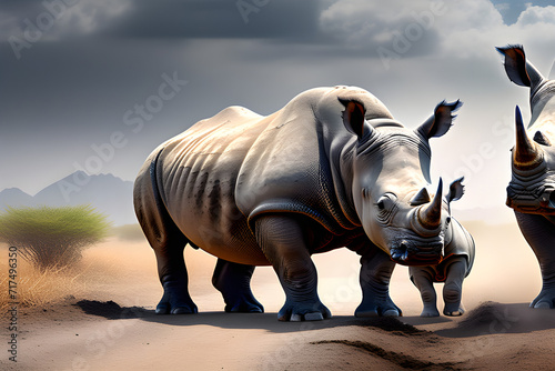 A mother rhino and a baby rhino  Generative AI © 양래 조