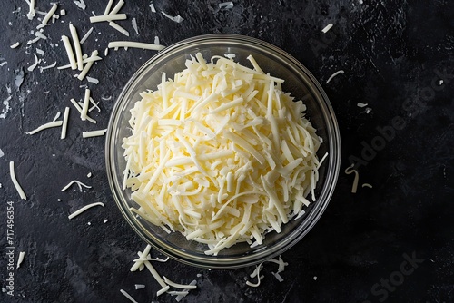 Top view of shredded mozzarella cheese in a bowl on a black surface with copy space photo