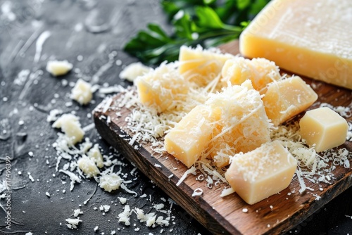 Parmesan cheese on a wooden board Hard cheese on a dark background