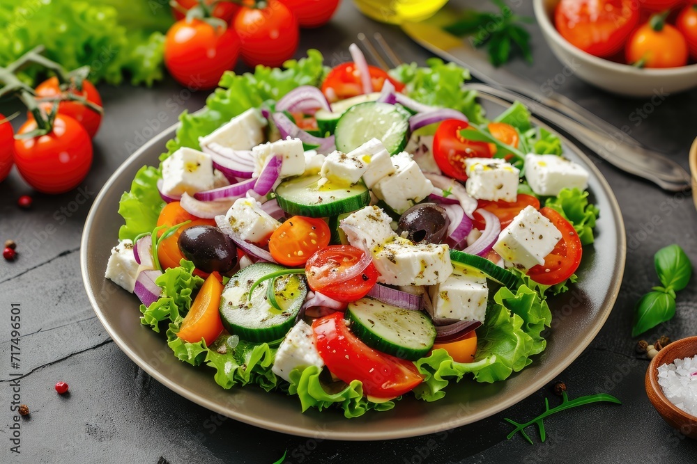 Top view of a healthy Greek salad with fresh veggies cucumber tomato pepper lettuce red onion feta cheese olives and olive oil Top view of a healthy Greek salad with fresh veggies cucumber tomato pepper lettuce red onion feta cheese olives and olive oil
