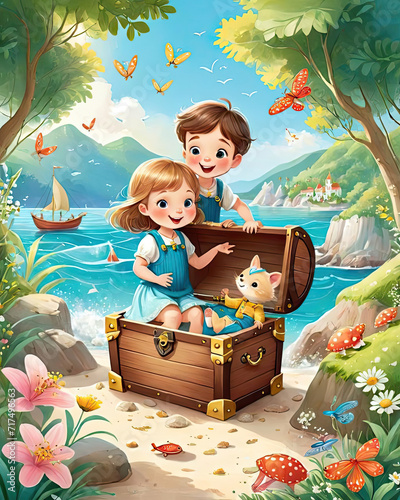 Adorable children's storybook illustrations - Magical friendship in a charming seaside and a treasure chest in a magical forest Gen AI photo