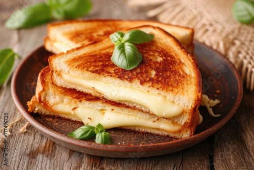 Closeup of golden grilled cheese sandwiches with mozzarella on a table