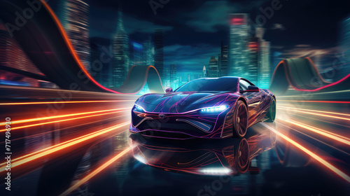 A sci-fi style supercar is driving on the streets of the night city © evening_tao