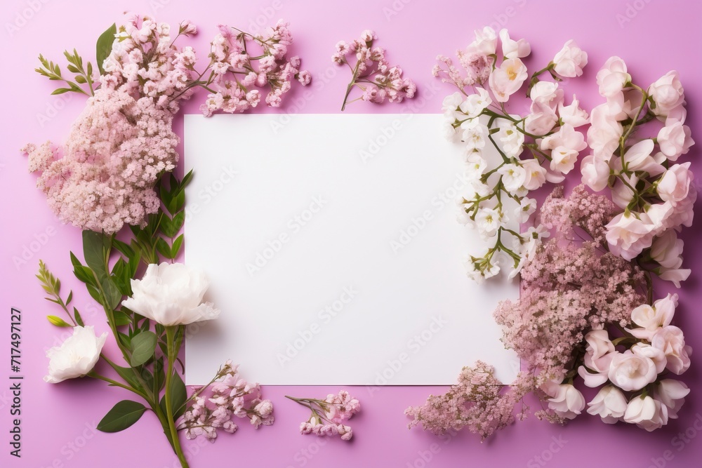 Photo of blank white paper with flower on pink background, copy space, high quality, high resolution, 8k with generative ai Photo of blank white paper with flower on pink background, copy space, high quality, high resolution, 8k with generative ai