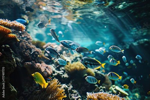 Ultra realistic photo of Glass fish and other tropical species moving above coral reef. eco friendly interior concept, atmospheric, cinematic, high definition, depth of field, 8K, 