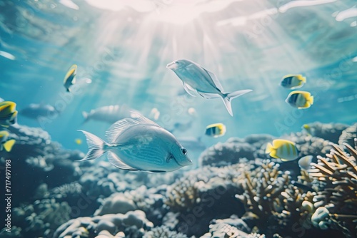 Ultra realistic photo of Glass fish and other tropical species moving above coral reef. eco friendly interior concept  atmospheric  cinematic  high definition  depth of field  8K  