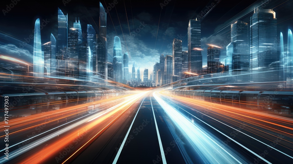 Lines of light trails left by cars passing by on the roads of modern large cities Lines of light trails left by cars passing by on the roads of modern large cities