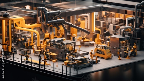 A modern factory with yellow and black machines and some workers
