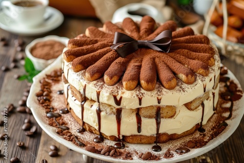 Italian dessert made of ladyfingers dipped in coffee and mascarpone cream adorned with a bow photo