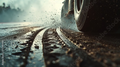 A closeup of the tire tread digging into the track leaving behind a trail of burnt rubber as the car speeds ahead with the help of slicks and nitro. photo