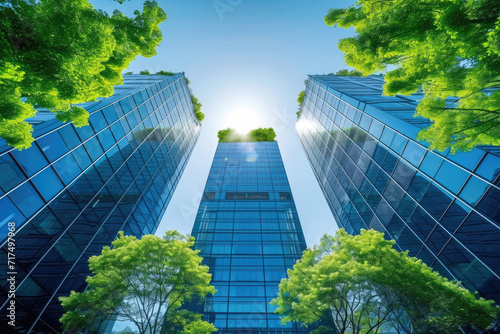 Eco-friendly building in modern city. Sustainable glass office building with trees for reducing carbon dioxide. Office building with green environment. Corporate building reduce CO2